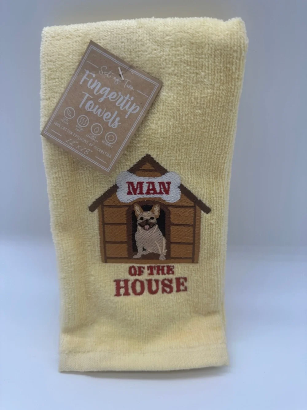 Set of 2 French Bulldog Fingertip Towels Yellow Man of the House NWT Bath